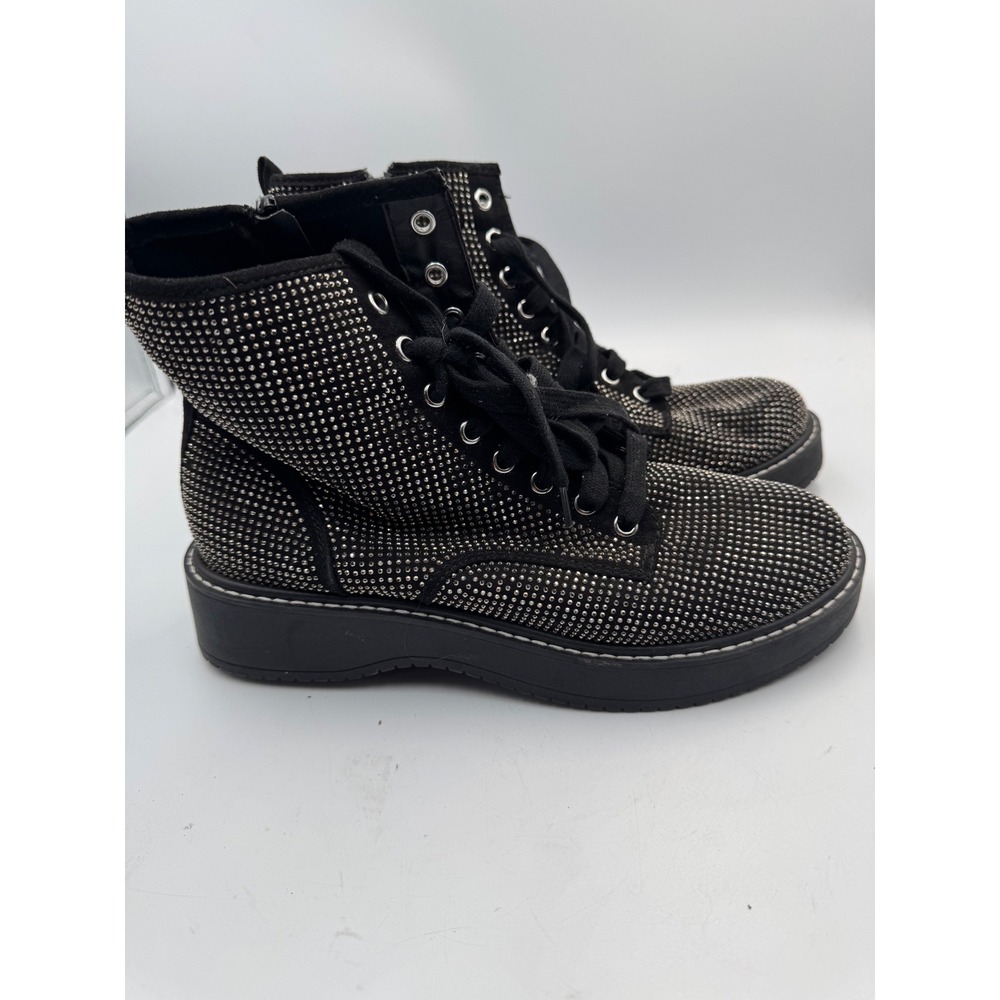 Black Rhinestone Studded Platform Combat Boots Lace Up Side Zip Edgy Glam